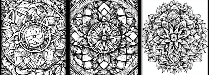 A series of smooth black and white patterns with clean, contemporary imagery.