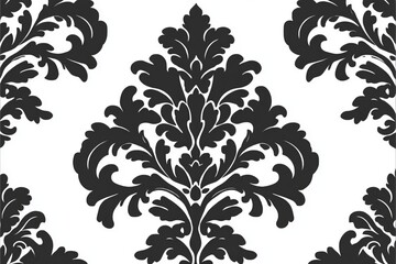 Fabric, wallpaper, and packaging design with a modern seamless background showcasing Baroque-influenced floral motifs in white and black. Elegant ornamental Damask flower patterns.