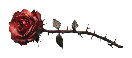 Elegant red rose with stem and thorns nature close-up view high fidelity detail isolated on transparent background png