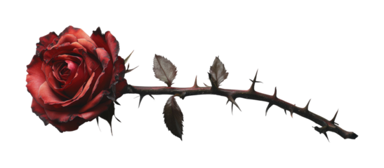 Elegant red rose with stem and thorns nature close-up view high fidelity detail isolated on transparent background png