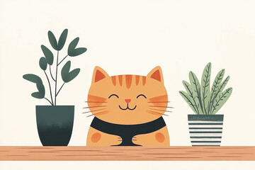 Cute illustration of a smiling orange tabby cat sitting on a wooden shelf with potted plants, minimalist design