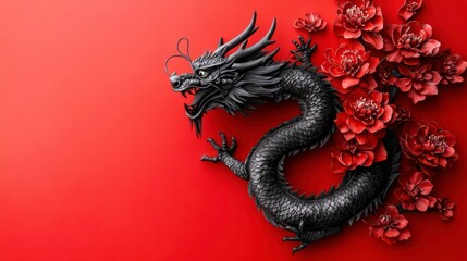 Obraz premium Dragon sculpture with flowers on vivid red background, traditional Asian art.
