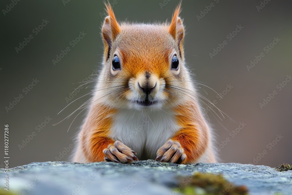 Poster a close-up view of a squirrel sitting on a rock, looking alert