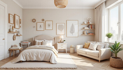 Fototapeta premium Cozy minimalist bedroom with natural decor and warm lighting