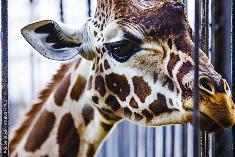 Poster a close-up view of a giraffe's face peeking out from behind a fence