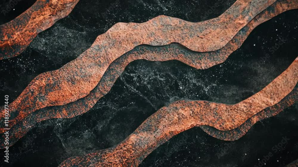 Poster abstract design featuring wavy copper patterns on a dark background with a textured surface