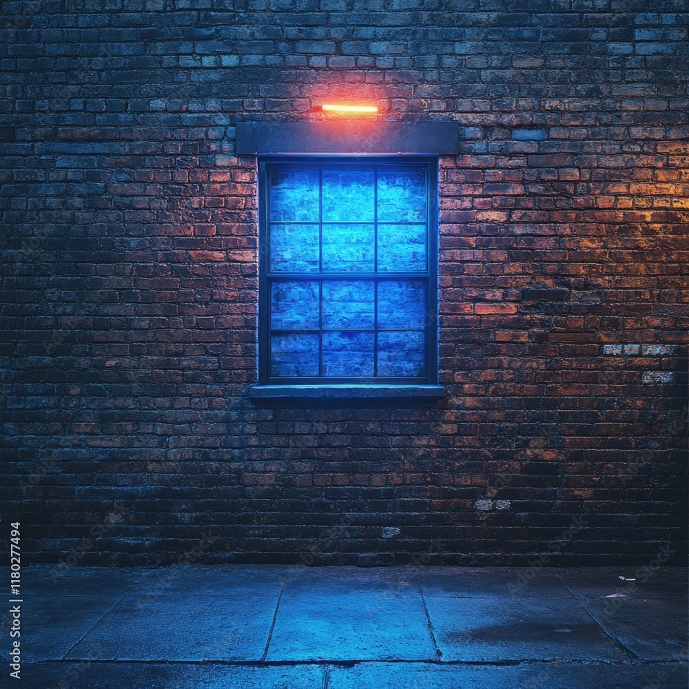 Poster a brick wall with a blue window and a street light, great for use in architecture or cityscape illus