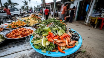 Seafood market dish, street food, crowd, cloudy day, possible stock photo, for tourism use.