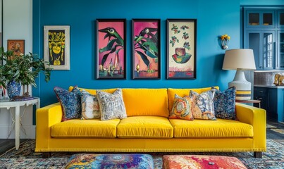Bright yellow couch sits in a living room with a blue wall. The room is decorated with colorful furniture and artwork, creating a cheerful and inviting atmosphere