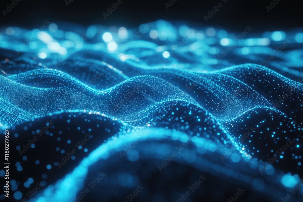 Poster a detailed view of a wavy blue light phenomenon, perfect for use in science or technology contexts