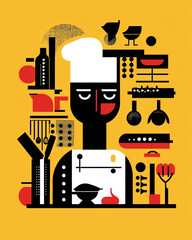 Modern abstract chef illustration with culinary tools on a yellow background