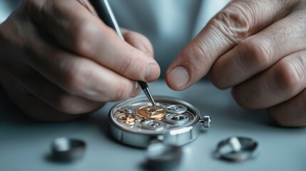 Hands delicately craft a timepiece, where precision turns gears and cogs into the essence of time within a watchmaker's meticulous world.