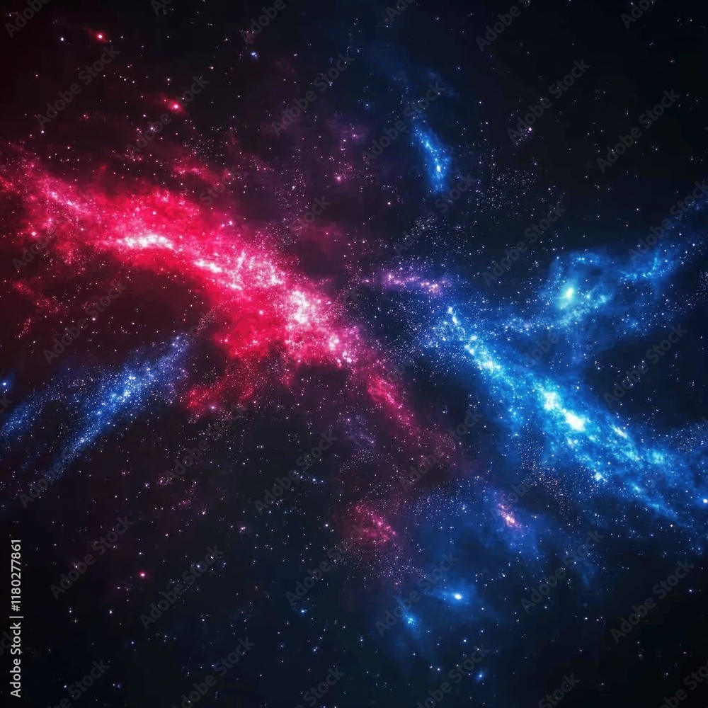 Poster a stunning image of a galaxy with vibrant blue and red colors and numerous stars shining bright in t