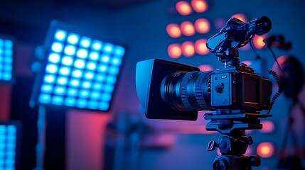 A camera setup with colorful lights for photography or video production.