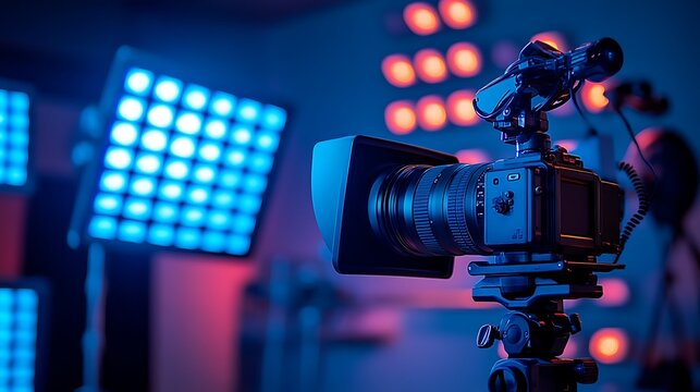 A camera setup with colorful lights for photography or video production.