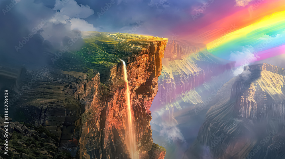 Poster rainbow is seen above a cliff with a tree in the foreground.