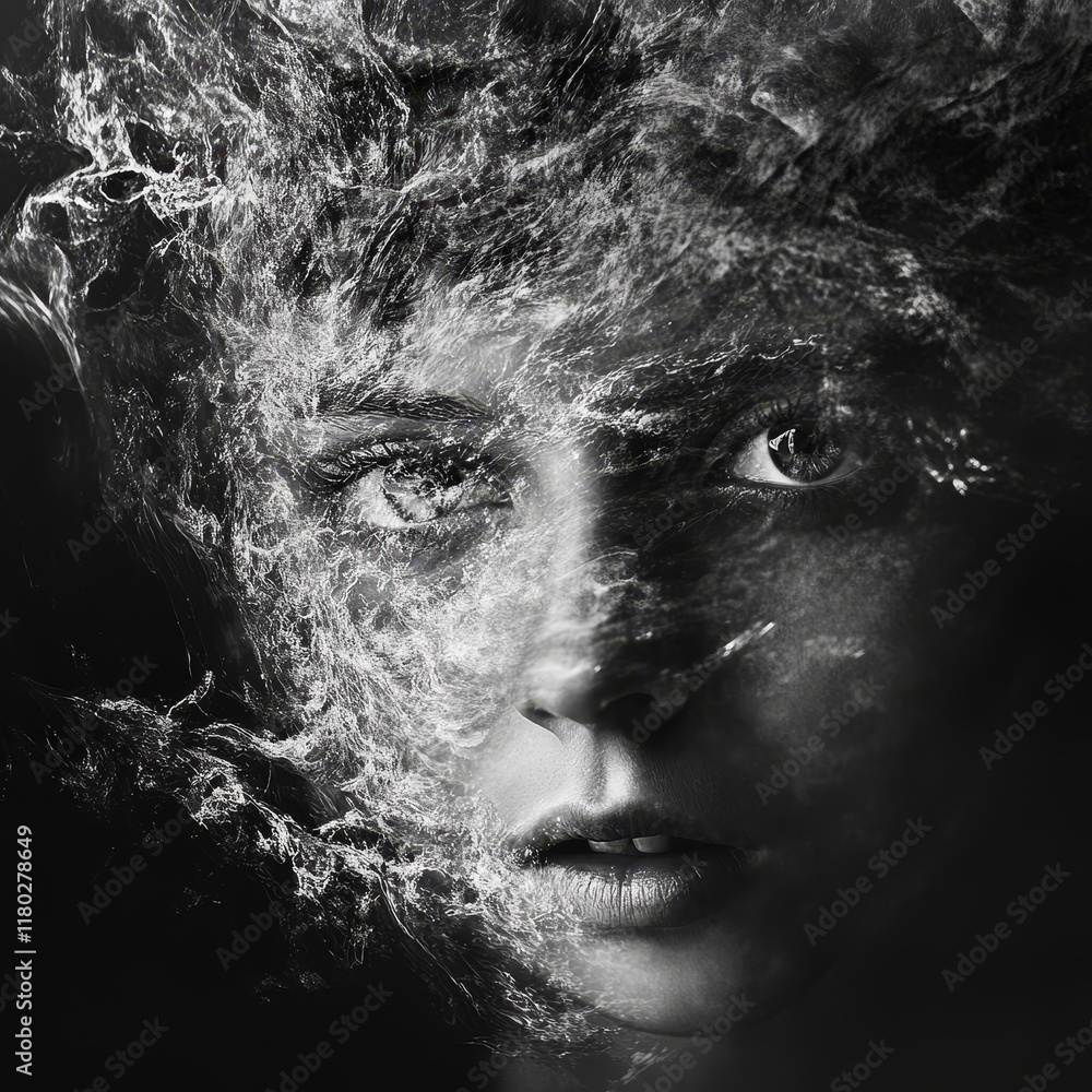 Poster woman's face intertwined with swirling patterns of water creating an ethereal effect in a black and 
