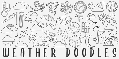 Weather Doodle Icons. Hand Made Line Art. Meteorology Clipart Logotype Symbol Design