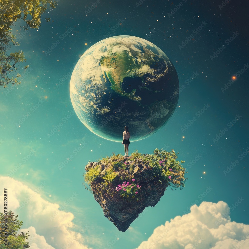 Poster A person stands on the edge of a mysterious floating island, surrounded by clouds and mist