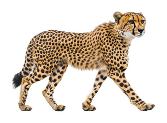 Cheetah walking in profile high fidelity animal nature side view wildlife concept isolated on transparent background png