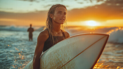 Obraz premium A female surfer holds her surfboard on the beach