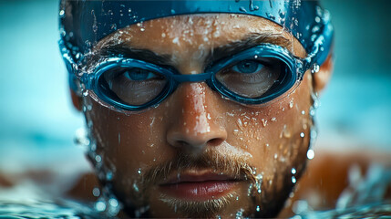 Fototapeta premium The face of a professional swimmer in goggles and cap coming out of the water