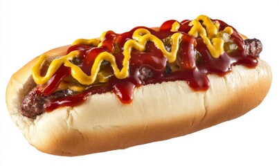 Brown bun with mustard, ketchup, and relish on top.