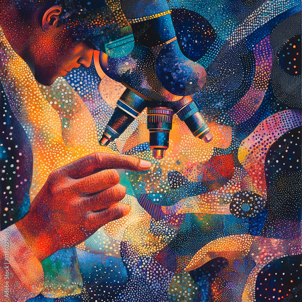 Poster Abstract art of a scientist examining under a microscope in vibrant colors