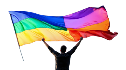 Gay man with rainbow colored flag background isolated on white background