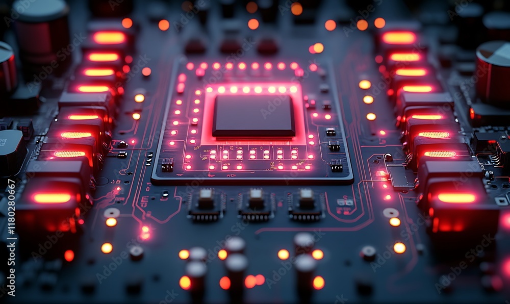 Poster a close-up of a circuit board with glowing components, highlighting technology.