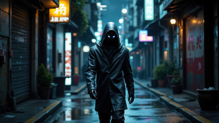 Fototapeta premium An AI walking on a rain-soaked street at night.