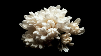 黒い背景に映える白い菊の花束のシンプルな美しさ