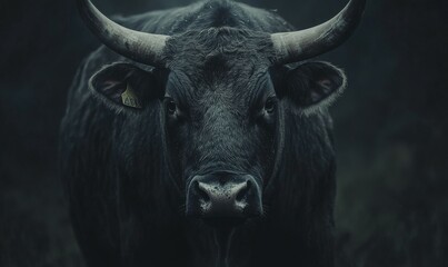 Naklejka premium Bull with large horns is staring at the camera. The image has a dark and moody atmosphere, with the bull's intense gaze and the black background