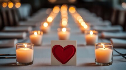 Elegant Heart Themed Table Setting with Soft Candlelight and Romantic Ambiance