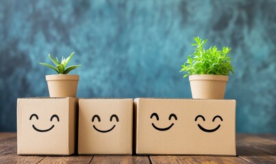 Cardboard Boxes with Happy Faces and Small Plant on Wooden Floor