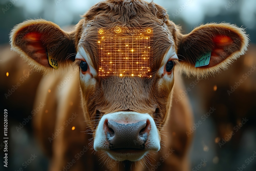 Poster a close-up of a cow with a digital grid overlay on its forehead.