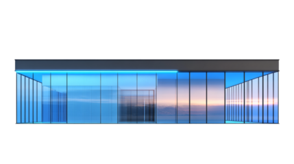 Glass wall of a modern business office building with blue light in city isolated on white background