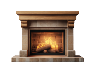 Cozy fireplace with softly glowing flames living room interior warm atmosphere close-up relaxation concept isolated on transparent background png