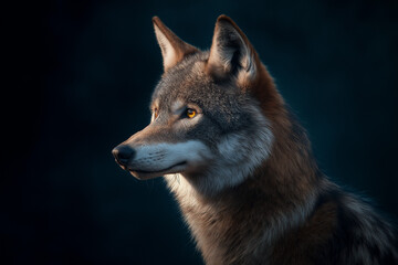 Fototapeta premium Majestätischer Wolf mit leuchtenden Augen vor dunklem Hintergrund