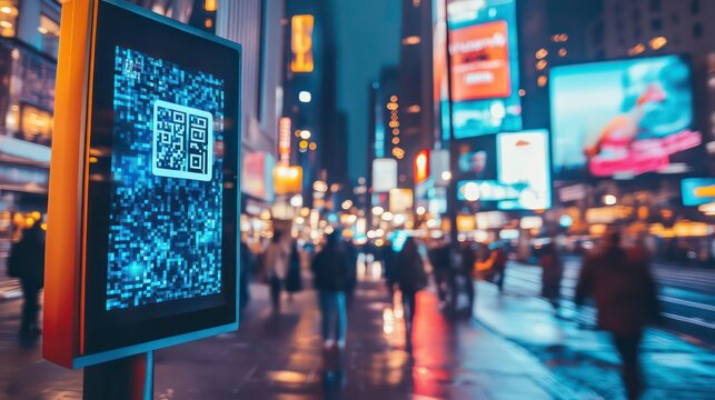 Digital signage with QR code on a vibrant city street at night.