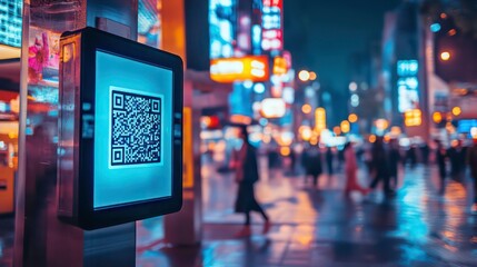 Digital signage with QR code on a vibrant city street at night.
