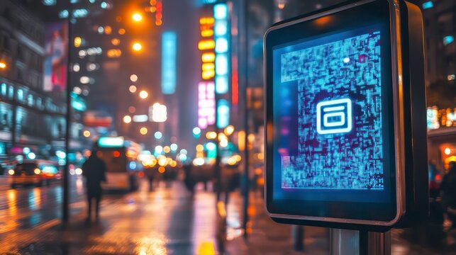 Digital signage with QR code on a vibrant city street at night.