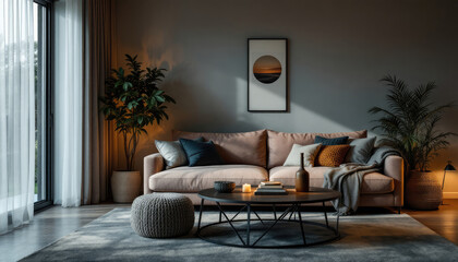 Obraz premium Cozy modern living room night with a large window, a sofa, a coffee table, and various decorative elements such as plants and artwork.