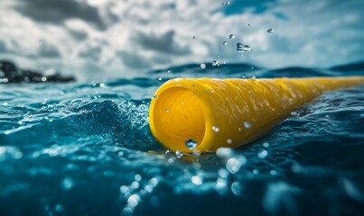 Buoyant yellow pool noodle in ocean water.