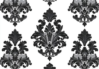 White and grey floral ornaments in a Baroque style, set against a seamless modern background and complemented by a graphic contemporary pattern.