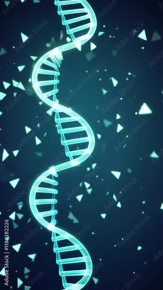 Poster dna helix glows against a dark background with geometric shapes floating around