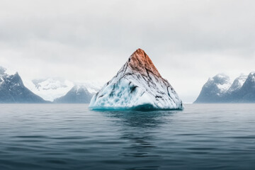 Striking iceberg with a unique reddish peak floating in arctic waters surrounded by mountains
