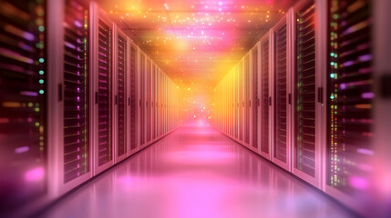 Illuminated server room corridor; data center network infrastructure; glowing lights; digital technology; website banner.