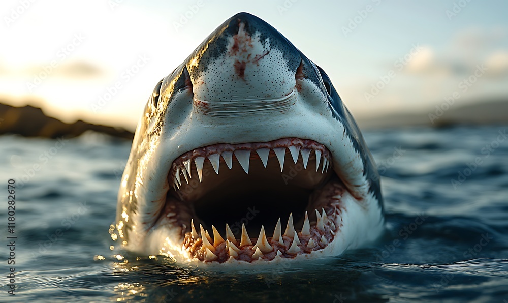 Poster a close-up of a shark's open mouth displaying sharp teeth above water.