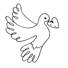 First communion symbol with dove and heart design for religious celebration. Valentine Day. Hand drawn. Black and white vector illustration. Christian icon